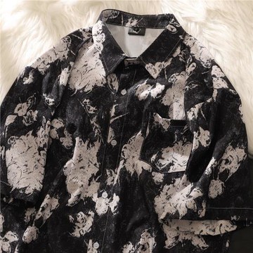 美式復古花襯衫短袖男夏季潮牌潮流寬松大碼襯衣vintage情侶半袖