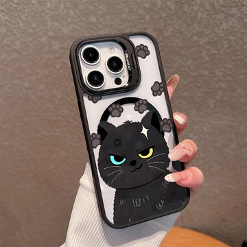 生氣黑色小貓適用蘋果17/16promax手機殼iPhone15plus磁吸殼14亞克力13鏡頭支架12防摔11硬殼
