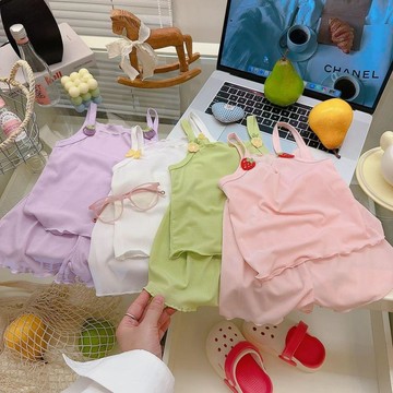 mori🎀mori女童夏季冰絲吊帶套裝薄款寶寶無袖背心短褲兩件套兒童空調服