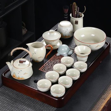 高端米黃汝窯陶瓷功夫茶具茶盤套裝輕奢家用辦公陶瓷茶杯整套新款