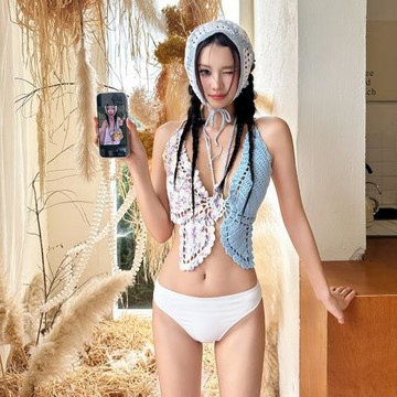 度假風緊身顯瘦蝴蝶結拼色針織吊帶背心比基尼性感辣妹露臍泳衣女