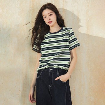 韓版清爽綠條紋短袖T恤女夏季寬鬆圓領清新森系百搭小正肩上衣潮
