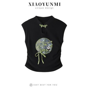 小云米新中式國風立領T恤女夏季2025年熊貓設計修身顯瘦短袖上衣