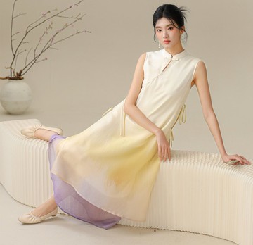 【幻紫杏】新中式復古中國風 斜襟薄紗/暈染連衣裙