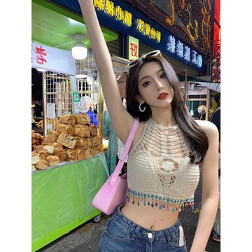波西米亞針織鏤空流蘇吊帶背心女內搭海邊度假泰式小眾短款上衣秋