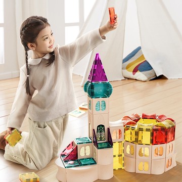 zzzMoon 彩窗設計彩虹磁力片積木64片(含4片彩窗)