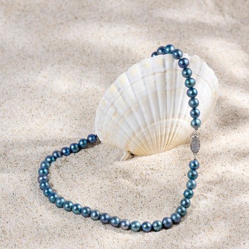 天然孔雀色淡水珍珠項鍊 8-9mm 銀色鑲鑽元寶扣 情人節禮物