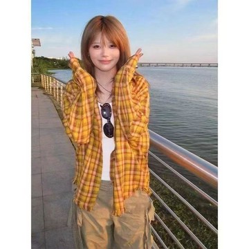 【佈小九】👚有貨👚 新款復古chic黃格子襯衫外套女oversize寬鬆垂墜感慵懶風襯衣 寬鬆大碼襯衫、顯瘦襯衫 女