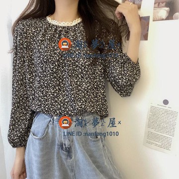 法式蕾丝拼接碎花雪纺衬衫春季设计感小众长袖女士上衣【淘夢屋】