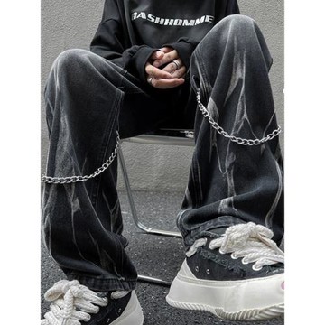 扎染牛仔褲男款春秋潮牌痞帥炸街直筒長褲設計感小眾闊腿休閑長褲