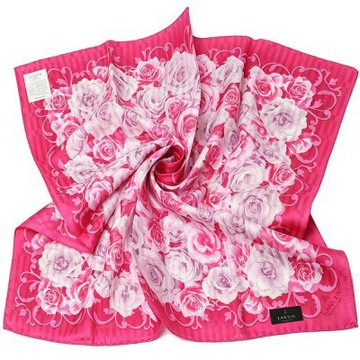 LANVIN COLLECTION 艷紅底大朵玫瑰暗紋品牌LOGO字母圖騰大帕領巾(58CM)