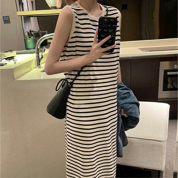 洋裝無袖連身裙-慵懶風條紋背心長裙女裙子3色a1ao58【巴黎精品】