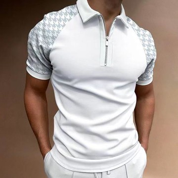 歐美男士時尚拼色格紋短袖Polo衫翻領拉鏈休閑T恤Men polo shirt