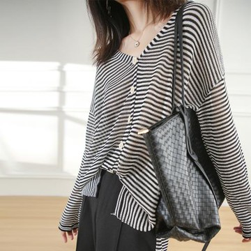 條紋v領針織防曬開衫女夏季2024新款慵懶長袖冰絲外搭披肩寬松薄