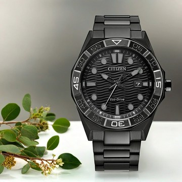 CITIZEN 星辰 父親節推薦款 光動能水波紋潮流大三針手錶-黑 AW1855-52E