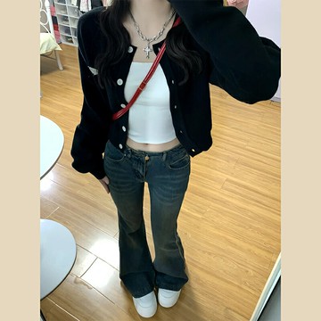 黑色短款毛衣外套女 高級感針織開衫 早春長袖上衣【淘夢屋】