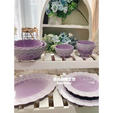 F39紫色公主陶瓷釉下彩浮雕重工餐盤米飯碗橢圓魚盤湯碗帽子盤