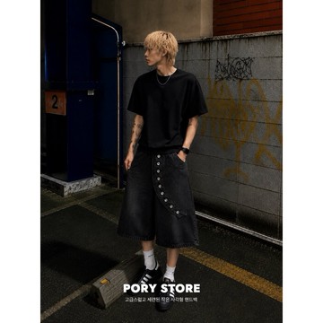 【PORY STORE】獨家！韓系排扣牛仔七分褲 短褲 實拍 男女 百搭 休閒 牛仔 短褲 寬褲 工裝褲