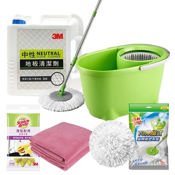 3M 地板清潔拖把超值組(T0輕巧手壓式旋轉拖把組+補充包布盤+中性地板清潔劑/1加侖)《送3M 百利手套+2入去污擦拭布》
