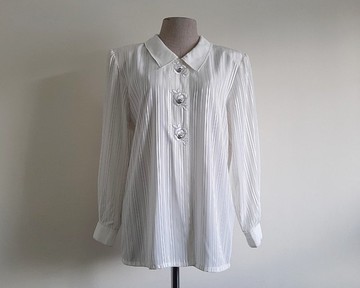 復古 80 年代 白色金屬條紋刺繡長袖襯衫 M 號