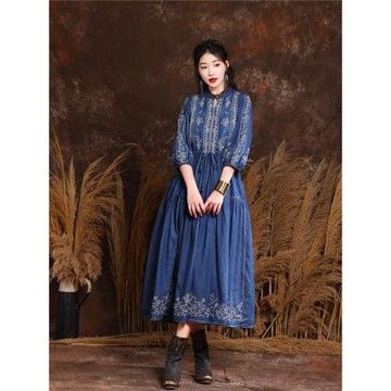 新中式2026重工刺繡收腰七分袖連衣裙復古風牛仔大擺裙優雅長裙