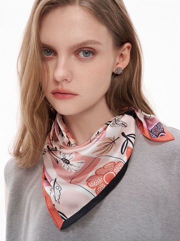 日系手繪風撞色邊條真絲絲巾