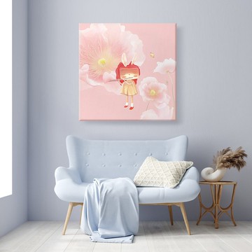 春日笛聲 - 兔耳少女與繁花藝術複製畫 (治癒系居家佈置)