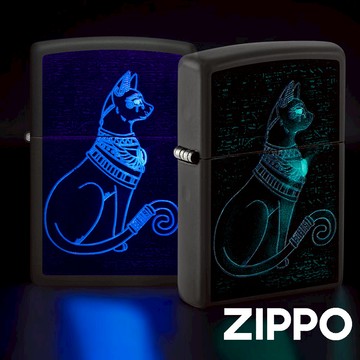 ZIPPO 埃及貓神(螢光)防風打火機 48582 美國設計 黑色夜光 藍色夜光光芒 黑啞漆機身 終身保固