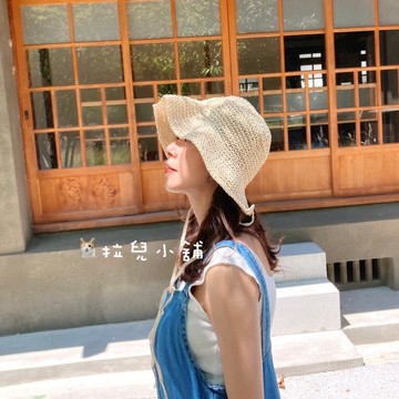 「拉兒小舖」台灣現貨 日系 蘿莉風 簍空針織漁夫帽 蕾絲編織草帽 防曬 漁夫帽 草帽 可折疊
