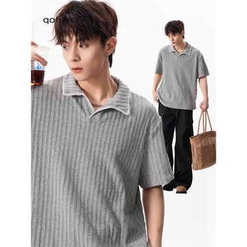 手縫線麥穗紋POLO短袖T恤男女夏季寬松肌理感針織半袖情侶體恤衫