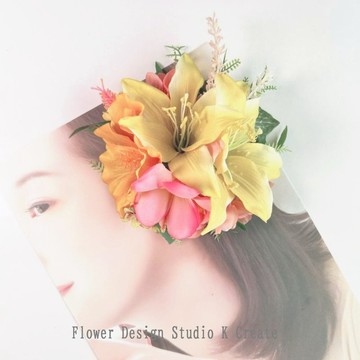 橘色扶桑花與黃色百合髮夾 扶桑花 橘色 粉色 雞蛋花 草裙舞 度假婚禮
