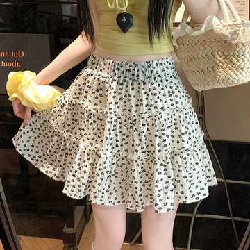 台灣出貨 韓系碎花短裙女胖mm夏季新款蛋糕裙半裙小個子a字裙子半身裙 A字裙 顯瘦短裙 韓系半身裙 短裙 甜辣氣質
