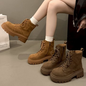 白鳥麗子 [現貨快出] 靴子 韓系經典休閒麂皮素面綁帶厚底短靴