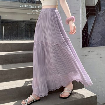 La Belleza純色超仙蕾絲拼接層次紗裙高腰壓摺雪紡長裙飄飄百摺仙女裙