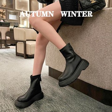 真皮黑色切爾西短靴女粗跟厚底靴子秋冬單靴增高瘦瘦高級感馬丁靴