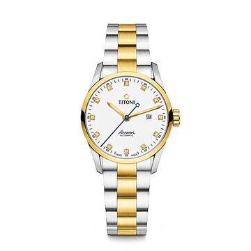 TITONI瑞士梅花錶空中霸王系列23743SY-582單鑽大方機械腕錶/金銀29mm｜樂天領券現折★全館特惠中★指定刷卡回饋10%