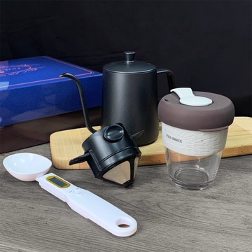 【FUJI-GRACE 日本富士雅麗】經典細口壺手沖咖啡禮盒組 (玻璃杯+電子量勺+不鏽鋼細口壺+摺疊濾網)