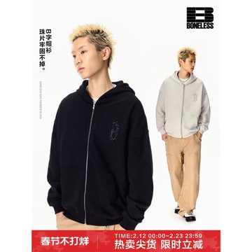 BONELESS中空珠片繡哥特B字母開衫衛衣純棉寬松重磅基礎情侶外套