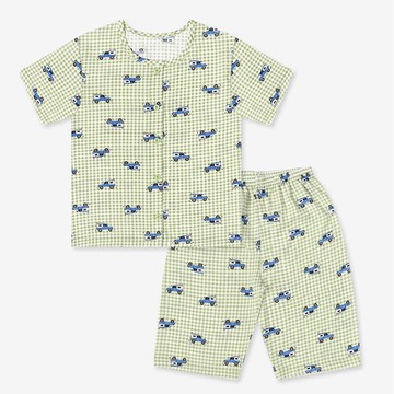 韓國 Mellisse - (COOL)韓製透氣涼感短袖睡衣-格紋車車-綠