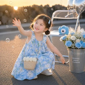 mori🎀mori女童藍白碎花無袖背心裙夏裝兒童海邊度假風公主裙款