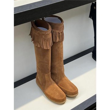 「羊皮版」秋冬新款圓頭平底流蘇不過膝長靴女真皮韓版拉鏈騎士靴