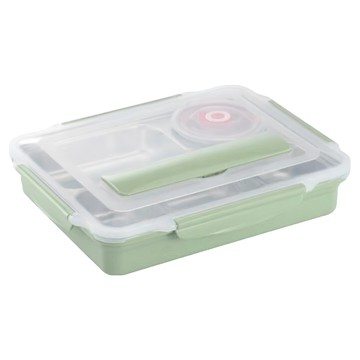 Mega 加大款 北歐304不鏽鋼分格便當盒 耐熱PP外殼 120°C以下  附餐具 + 湯碗  綠色  1組