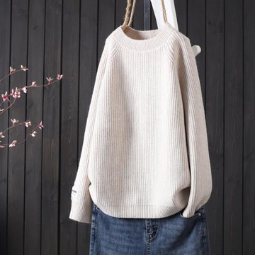 2025年秋冬新款圓領純色線條簡約文藝寬松針織衫套頭女裝長袖毛衣