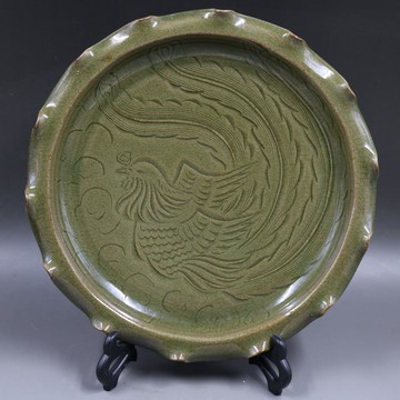 宋耀州窯刻花鳳紋花口平盤手工仿古家居瓷器老貨擺件古董古玩收藏1入