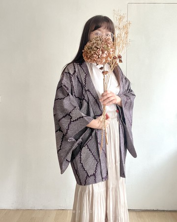 日本製古著羽織和服外套紫色和風織紋薄款