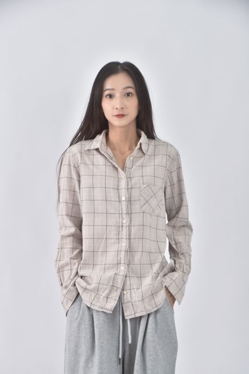 (L) uniqlo棉質純棉格紋杏色長袖上衣