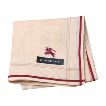 BURBERRY 簡約米白底紅邊條紋戰馬刺繡圖騰LOGO帕領巾(50CM)