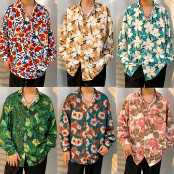 復古港風寬松長袖花襯衫男春秋夏威夷沙灘襯衣設計感小眾休閑上衣
