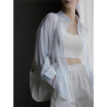 Warmo壓皺肌理松弛感條紋防曬襯衫女2025夏寬松休閑薄款天絲開衫