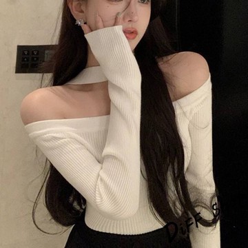 韓版氣質一字領針織上衣【W481】